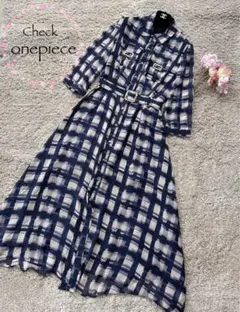 新品!! 大人上品 チェック柄シャツワンピース ネイビー
