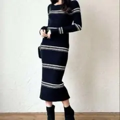 美品　リゼクシー　リブニット長袖ワンピース　ボーダー　M スリット