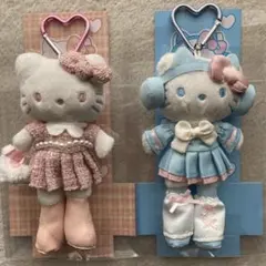 新品　ハローキティ　ぬいぐるみキーホルダー　ブルー　ピンク　リボン　2個セット①