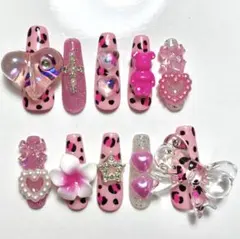 ネイルチップ ギャル 派手 ヒョウ柄 デカパーツ 平成 y2k ハート リボン