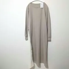 新品 L プリーツ切替スウェットワンピース モカベージュ ロング 異素材 上品