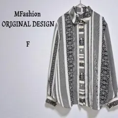 柄シャツ【エムファッション】ストライプ レトロポリシャツ モノトーン 総柄 F