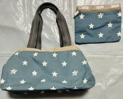 超美品　LeSportsac トートバッグ おそろいポーチ付き 星柄 青　大容量のサムネイル