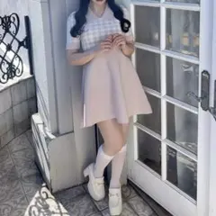 evelyn 半袖チェックニットワンピ ピンク