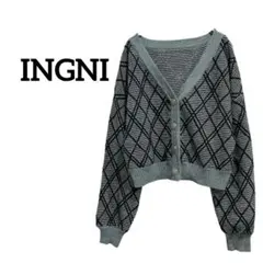 イング/INGNI チェック柄ニットカーディガン ショート丈 グレー 黒 M