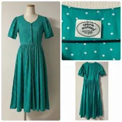 【美品】ローラアシュレイ ワンピース 9A グリーン ドット柄 綿100%