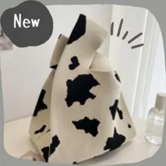 スクエアデザイン ニットトートバック　牛柄 　 マルシェバッグ　　ミニトート