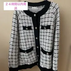 【美品】J.X.Y.C ツイード風ニットカーディガン ブラック×ホワイト