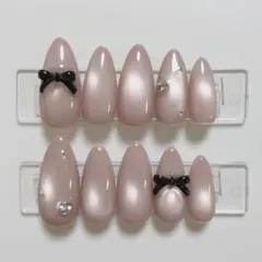 【現品】ネイルチップ 韓国風 マグネット シンプル リボン ガーリー ピンク