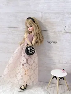 22cmドール服 レース切り替えワンピース×ツイードお花バッグ♡2点セット