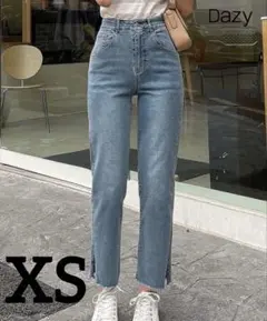 DAZY ハイウエスト スプリット 裾切りっぱなし ストレートレッグジーンズ