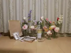 結婚式 ウェルカムスペース 造花 花瓶 写真立て パール 布 セット