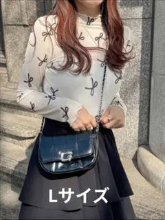 新品 Lサイズ オールオーバーブラックリボンプリントホワイトメッシュトップ