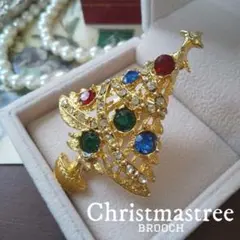 マルチカラー クリスマスツリー ブローチ クリスタル もみの木 オープンワーク