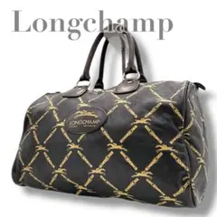 美品 Longchamp ミニボストン 総柄 馬 レザー ダークブラウン 格子状