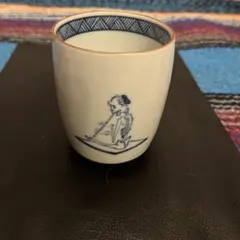 ヴィンテージ】陶器製 ミニ火鉢 白地 絵付け 藍色 釣り人 工芸品