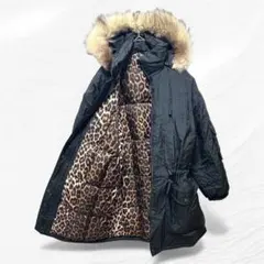ダウンコート ダウン フェザー混 裏 ヒョウ柄 ファー フード