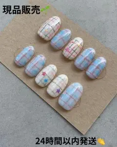 24時間以内発送【現品】#005 ネイルチップ チェック柄 春ネイル　ラウンド
