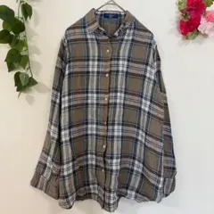 【INED】長袖 シャツ 9 ブラウン チェック柄 麻 ゆったり 美品