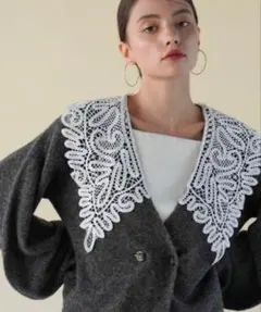 Acka lace collar knit cardigan gray タグ付き