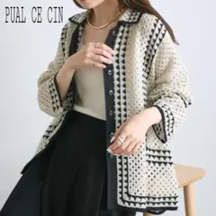 PUAL CE CIN ピアルセシン 配色クロシェ編み風 襟付きカーディガンのサムネイル