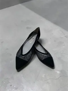 美品★DIANA　ポインテッドトゥ　レース　水玉　ローヒール　パンプス　ブラック