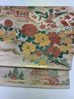 名古屋帯 正絹 昭和初期 日本刺繍 金糸 金彩 六通柄 御所解文 昭和レトロのサムネイル