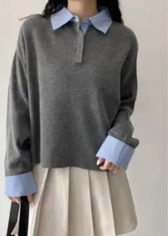 韓国風襟付きポロニット チャコールグレー lumier esica お好きな方
