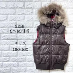 フード付き 中綿ベスト チェック柄 ファー付き リバーシブル 防寒