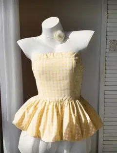 イエロー チェック フリル チューブトップ　shein 完売品