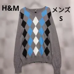 H&M Vネック ニット セーター アーガイル柄 グレー メンズSのサムネイル