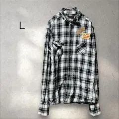 白黒チェックシャツ 長袖 ワッペン付き 【L】カジュアル 古着 おしゃれ