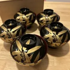 本漆塗吸椀 上竹 42小槌形 竹蒔絵 5客セット お椀直径13cm 深さ6cm