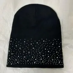 ラインストーン付き ブラック ニット ビーニー キラキラ ニット帽 黒