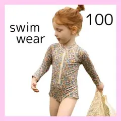 キッズ　100　ラッシュガード　長袖　水着　フリル　小花柄　おしゃれ　韓国