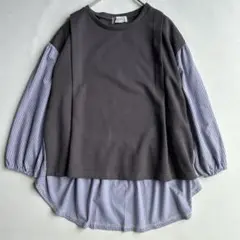 hareiro 晴れ色 シャツレイヤードトップス M グレー×ストライプ 長袖