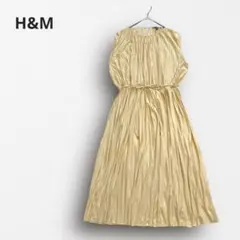 Y7513＊H&M プリーツワンピース ロング丈 ウエストリボン 上品 黄 M