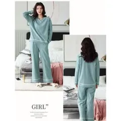 ❤️6コットン ルームウェア パジャマ Vネック XL グリーン