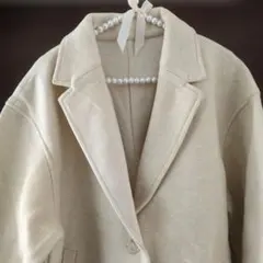 254 新品 大人 淡色 クリーム色 ノーカラー ダブルボタン ジャケット L