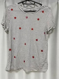 【ZARA】ボーダー半袖Tシャツ 花ストーン付き 白×黒 薄手生地 S ザラ