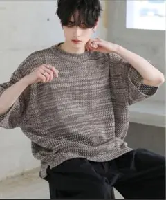 透かし編みメランジドルマンメッシュ5分袖サマーニット