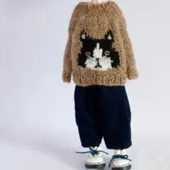 ブライスアウトフィット　ハチワレネコニットとパンツセット　ベージュxネイビー