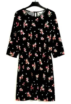【週末セール】H&M 花柄チュニックワンピース ブラック 七分袖 春コーデ