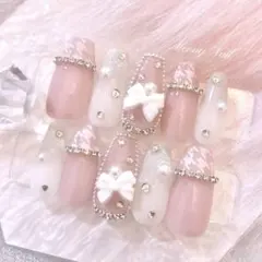 No.56オーダー♡量産型ワンホン韓国フレンチガーリーリボンスナ系ネイルチップ