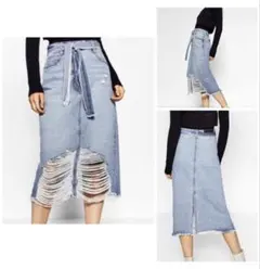 ZARA ダメージ加工ライトブルーデニムスカート