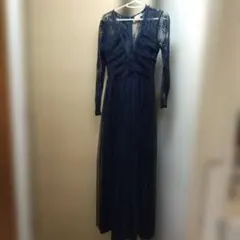 ネイビー ロングドレス Vネック 長袖