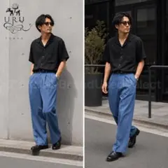 URU｜ワンタックルーズストレートスラックス ブルー系ウールのサムネイル