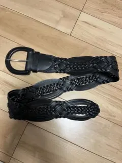 ラルフローレン 黒い編み込みレザーベルト 牛革