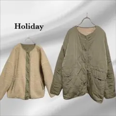 リバーシブル『Holiday』キルティング ジャケット/ボア【F】カーキ 大きい