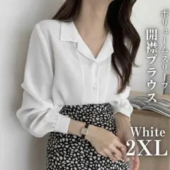開襟 ボリューム ブラウス 2XL Vネック オープンカラー スリーブ ホワイト